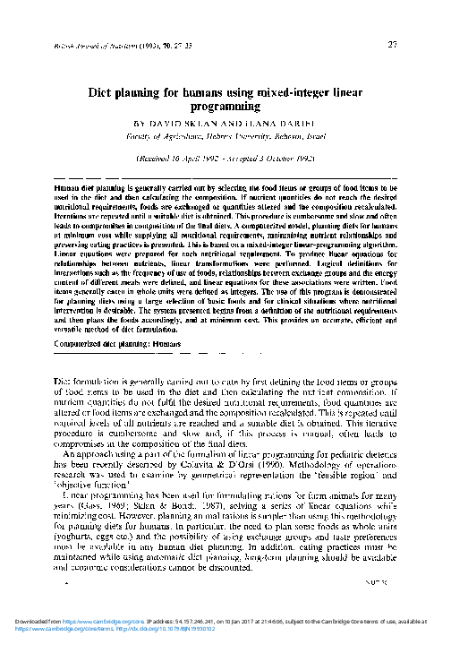 (PDF) Diet planning for humans using mixed-integer linear programming
