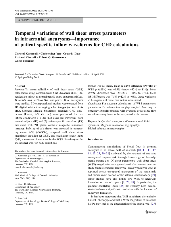 (PDF) Temporal variations of wall shear stress parameters in ...