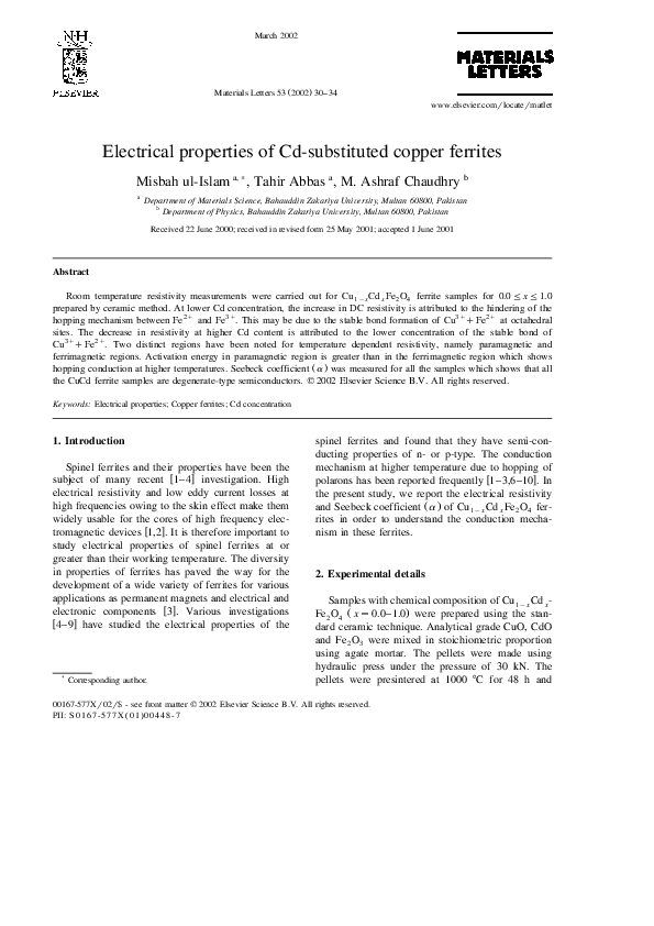 (PDF) Electrical properties of Cdsubstituted copper ferrites Tahir