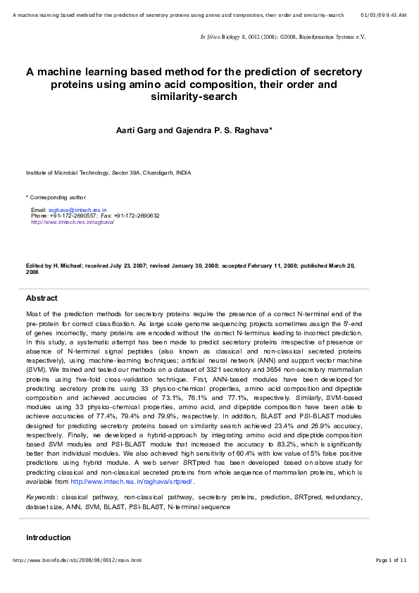 (PDF) A machine learning based method for the prediction of secretory ...