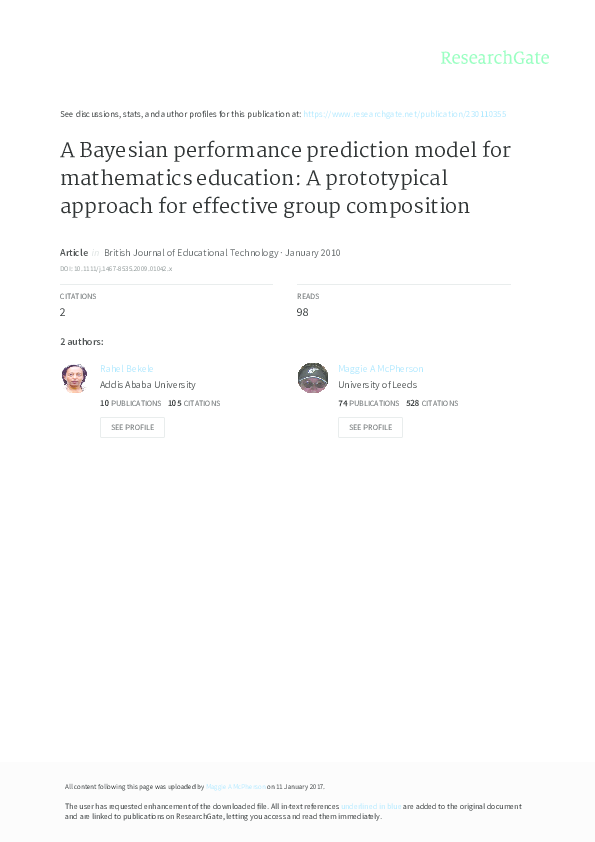 (PDF) A Bayesian performance prediction model for mathematics education ...