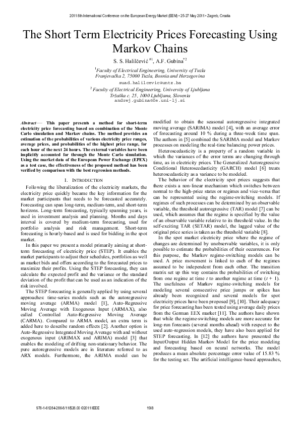 (PDF) The Short Term Electricity Prices Forecasting Using Markov Chains