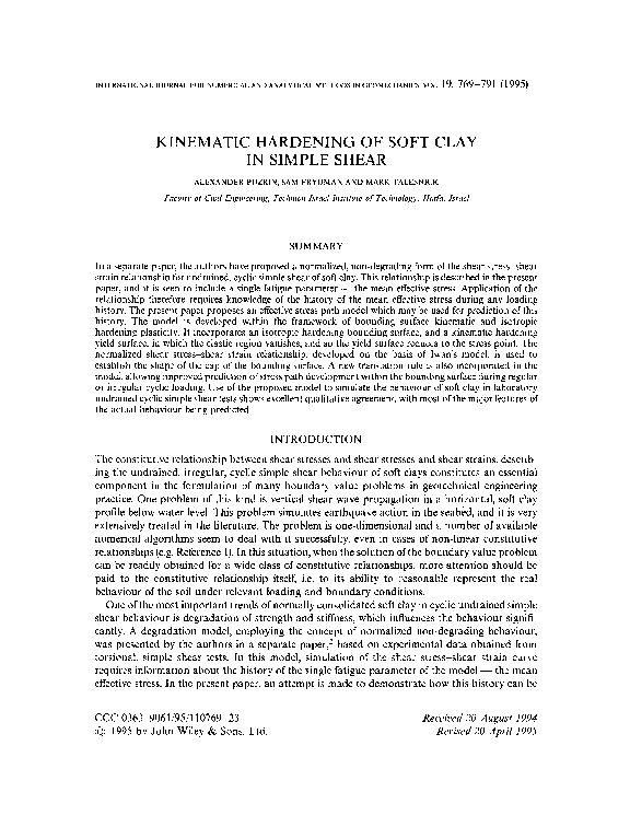 (PDF) Kinematic hardening of soft clay in simple shear Sam Frydman