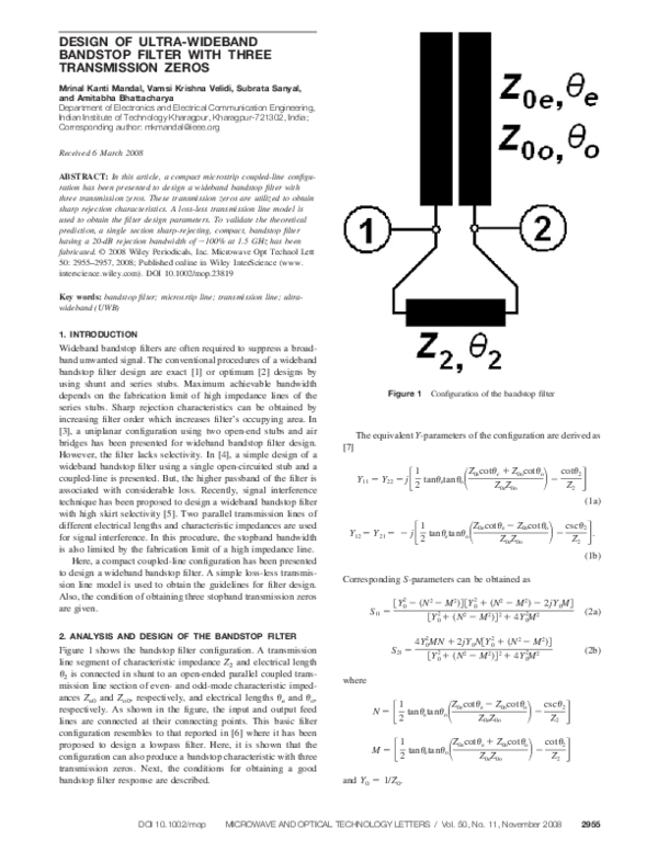 (PDF) Design of ultra‐wideband bandstop filter with three transmission