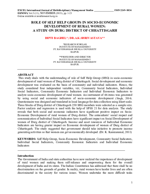 (PDF) ROLE OF SELF HELP GROUPS IN SOCIO-ECONOMIC DEVELOPMENT OF RURAL ...