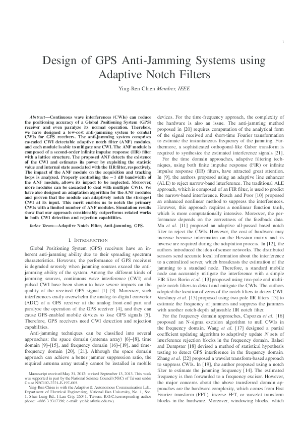 (PDF) Design of GPS AntiJamming Systems Using Adaptive Notch Filters