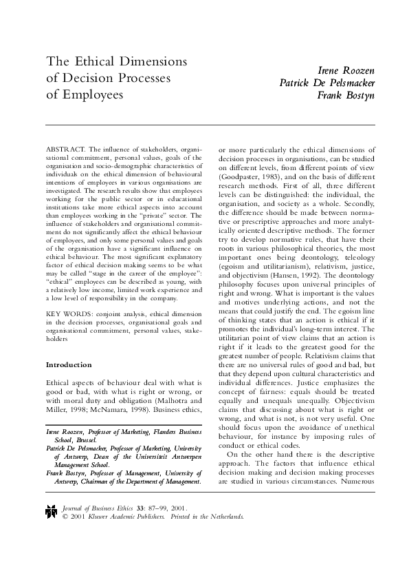 (PDF) The Ethical Dimensions of Decision Processes of Employees