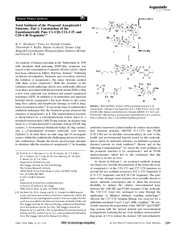 (PDF) Total Synthesis of the Proposed Azaspiracid‐1 Structure, Part 2 ...