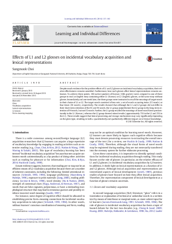 (PDF) Effects of L1 and L2 glosses on incidental vocabulary acquisition ...