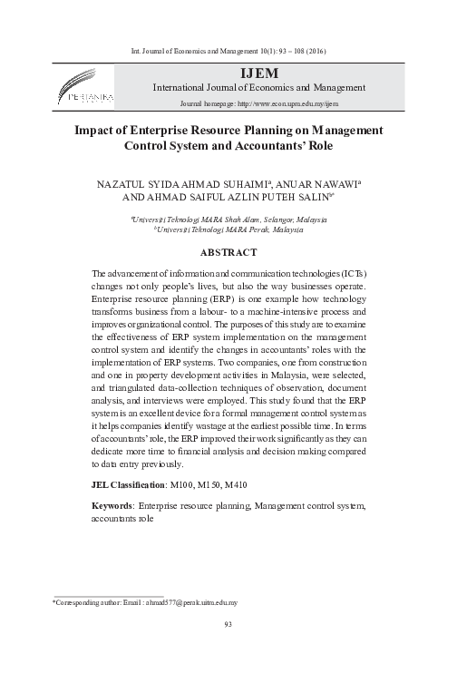 (PDF) Impact of enterprise resource planning on management control ...
