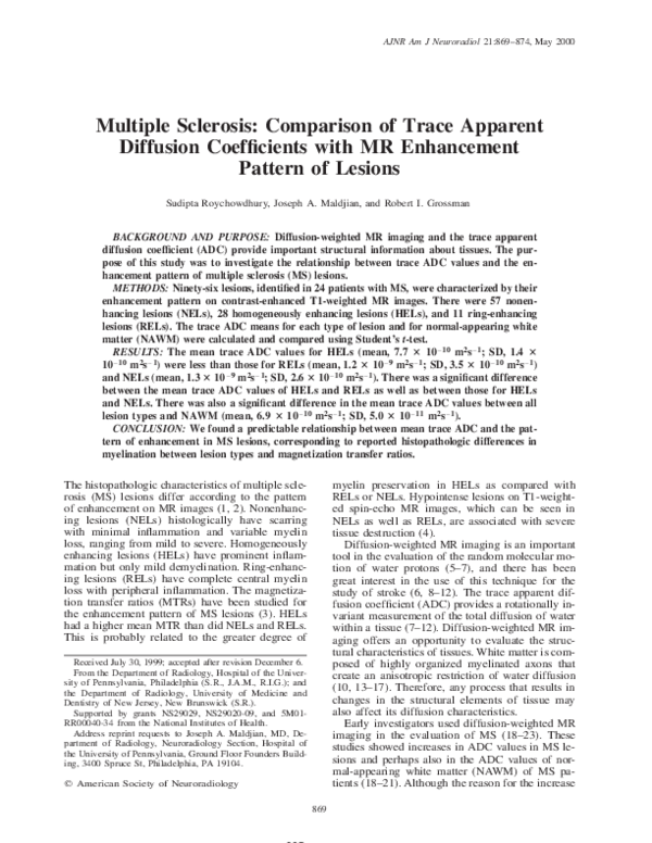 (PDF) Multiple Sclerosis: Comparison of Trace Apparent Diffusion ...
