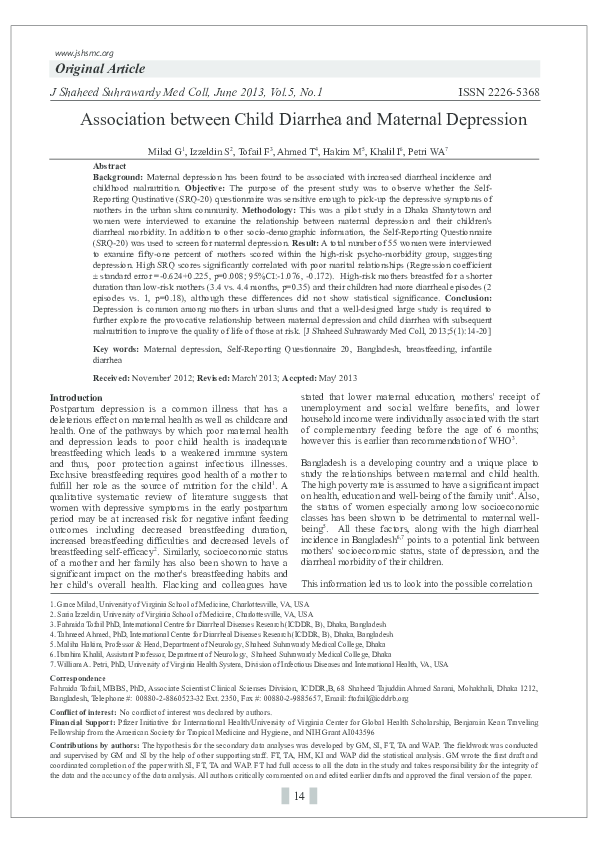 (PDF) Association between Child Diarrhea and Maternal Depression