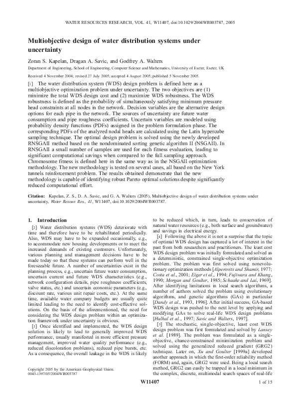 (PDF) Multiobjective design of water distribution systems under uncertainty