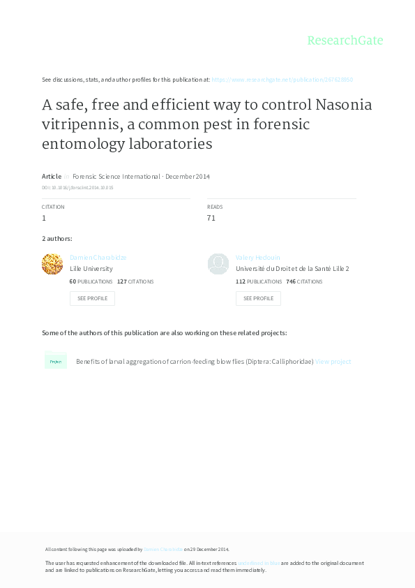 (PDF) A safe, free and efficient way to control Nasonia vitripennis, a ...