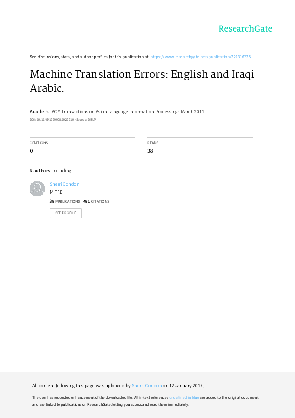 (PDF) Machine Translation Errors (English and Iraqi Arabic)