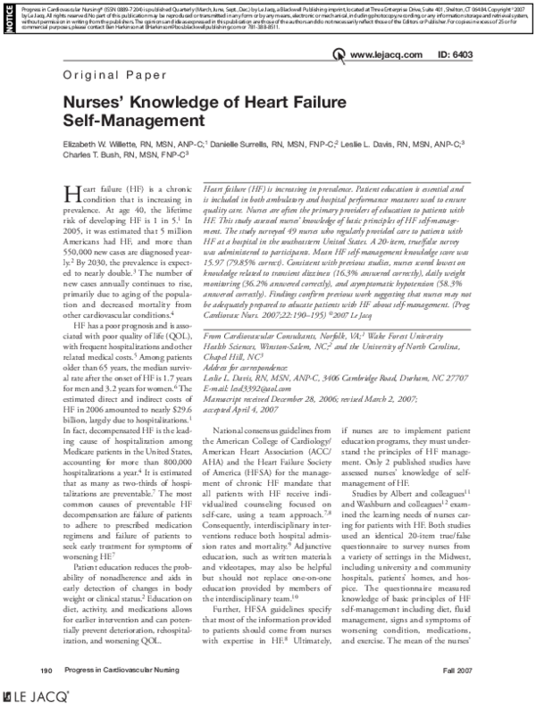 (PDF) Nurses' Knowledge of Heart Failure SelfManagement Leslie Davis