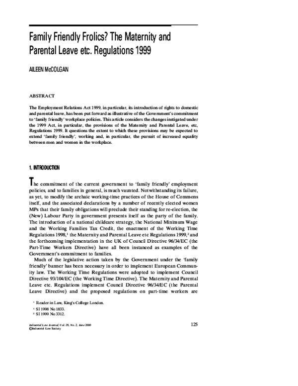 (PDF) Family friendly frolics? The maternity and parental leave etc