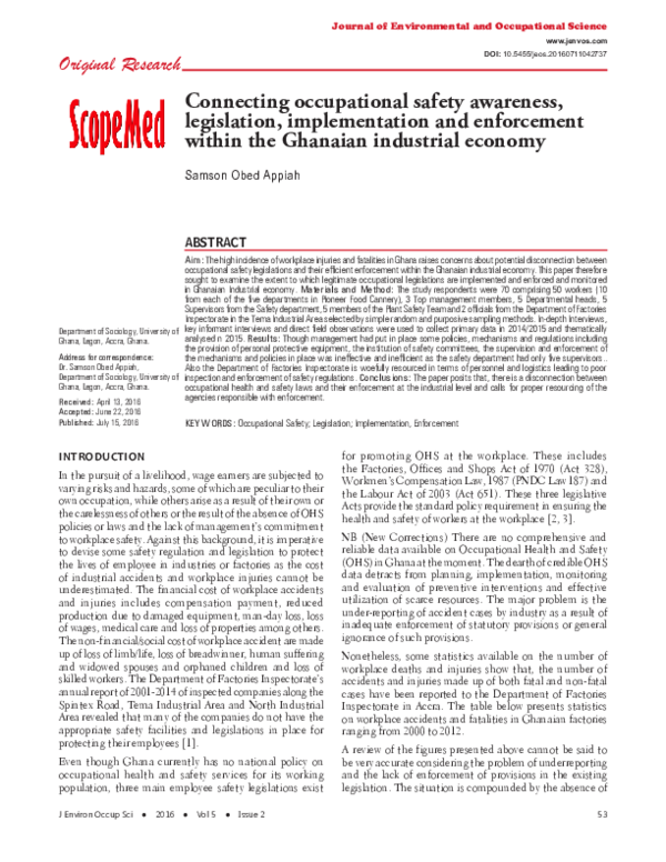 (PDF) Connecting occupational safety awareness, legislation