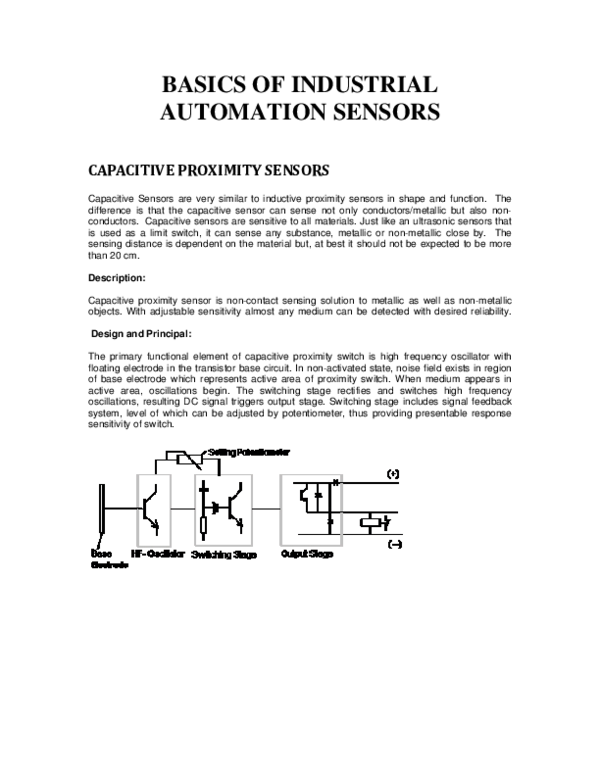 (PDF) BASICS OF INDUSTRIAL AUTOMATION SENSORS CAPACITIVE PROXIMITY