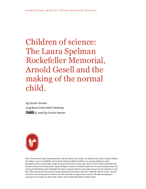 (PDF) Children of science: The Laura Spelman Rockefeller Memorial ...