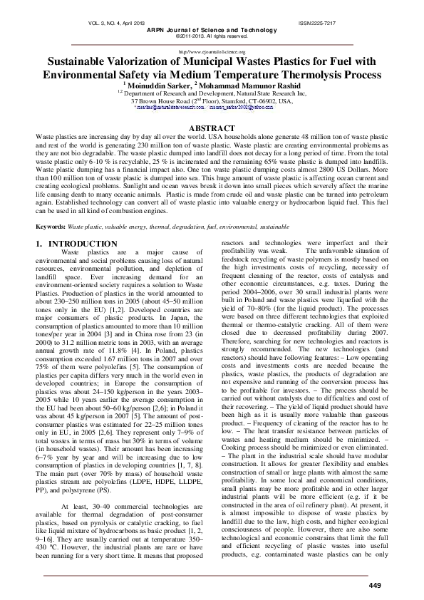 (PDF) Sustainable Valorization of Municipal Wastes Plastics for Fuel ...