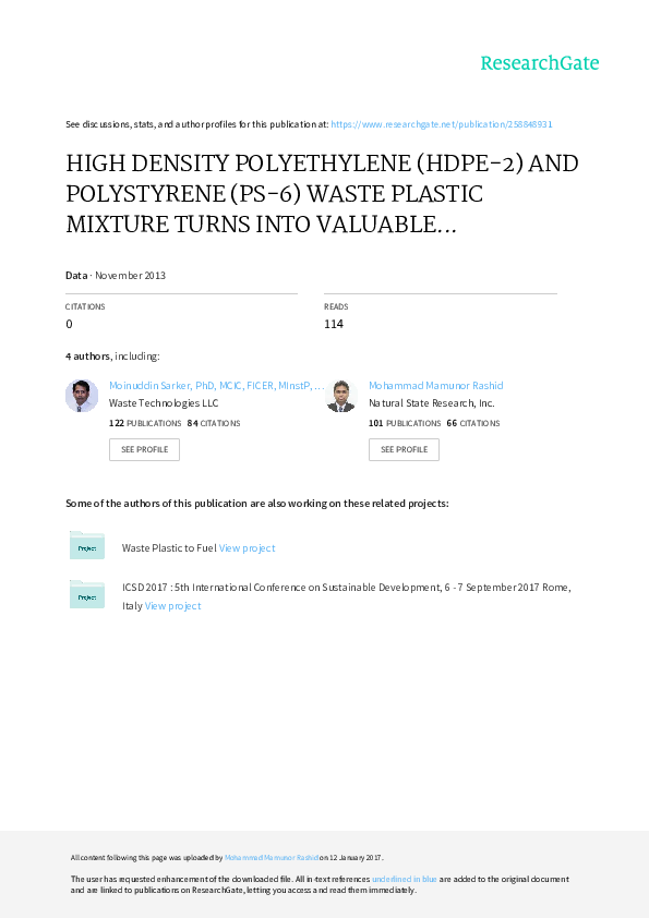 (PDF) High Density Polyethylene (HDPE2) and Polystyrene (PS6) Waste