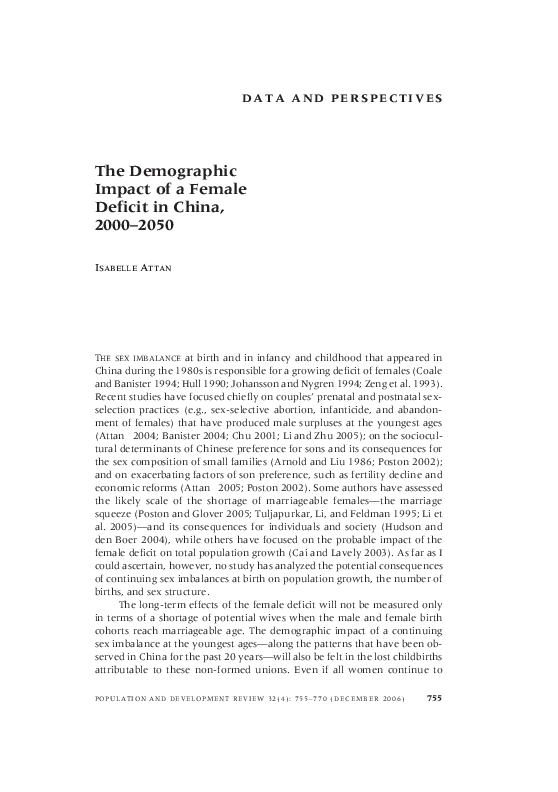(PDF) The demographic impact of a female deficit in China, 2000-2050
