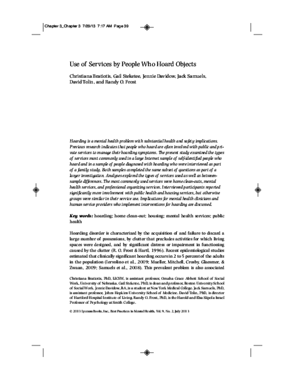 (PDF) Use of Services by People Who Hoard Objects