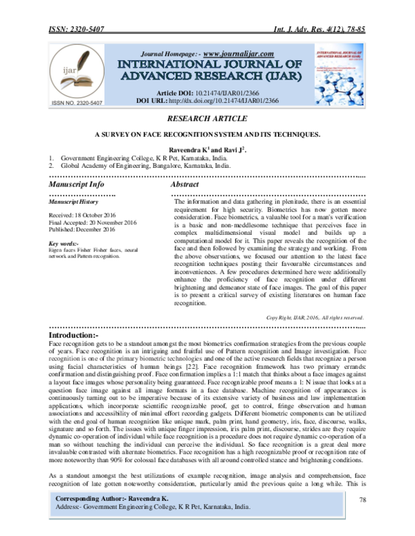 (PDF) A SURVEY ON FACE RECOGNITION SYSTEM AND ITS TECHNIQUES