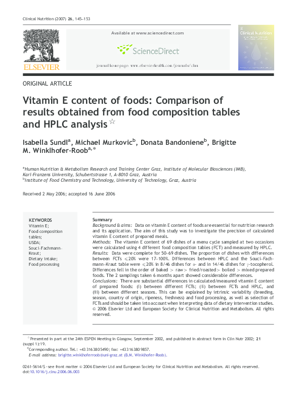 (PDF) Vitamin E content of foods Comparison of results obtained from