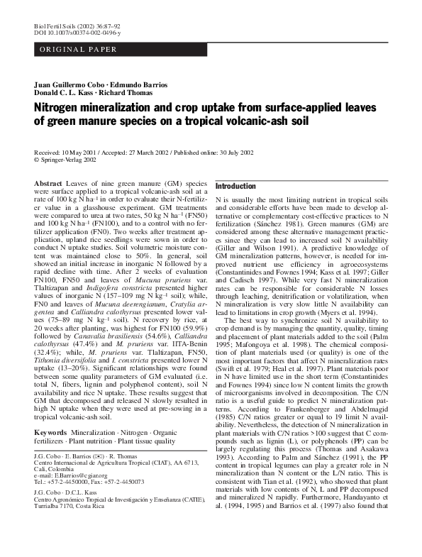 (PDF) Nitrogen mineralization and crop uptake from surface-applied ...