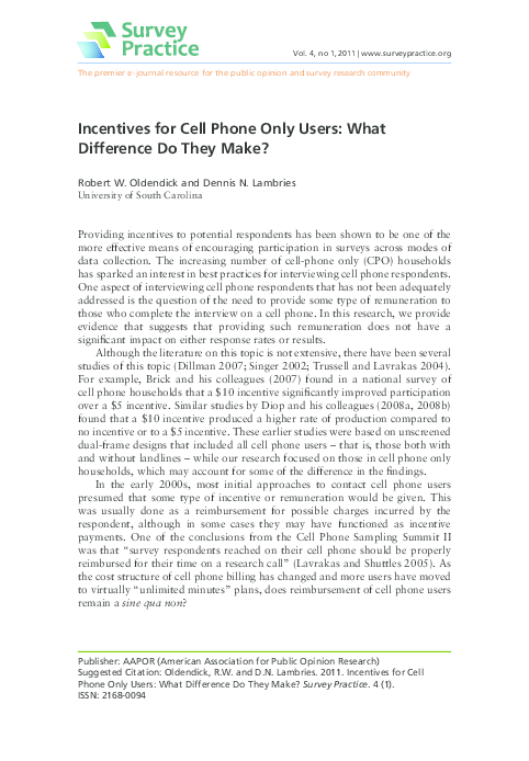 (PDF) Incentives for Cell Phone Only Users: What Difference Do They Make?