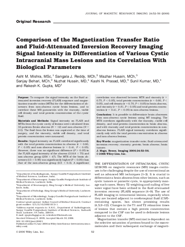 (PDF) Comparison of the magnetization transfer ratio and fluid ...