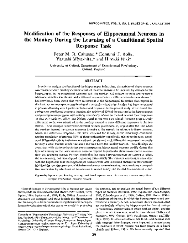 (PDF) Modification of the Responses of Hippocampal Neurons In the ...