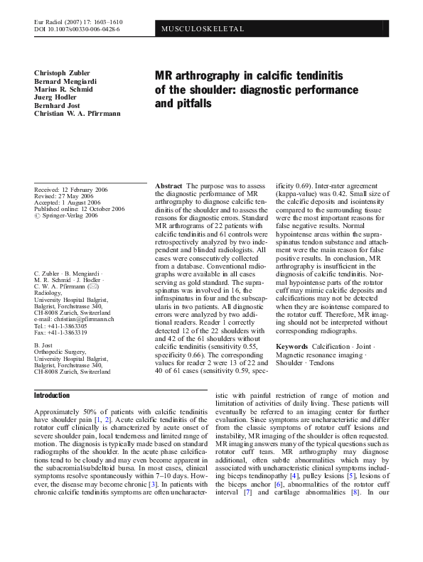 (PDF) MR arthrography in calcific tendinitis of the shoulder ...