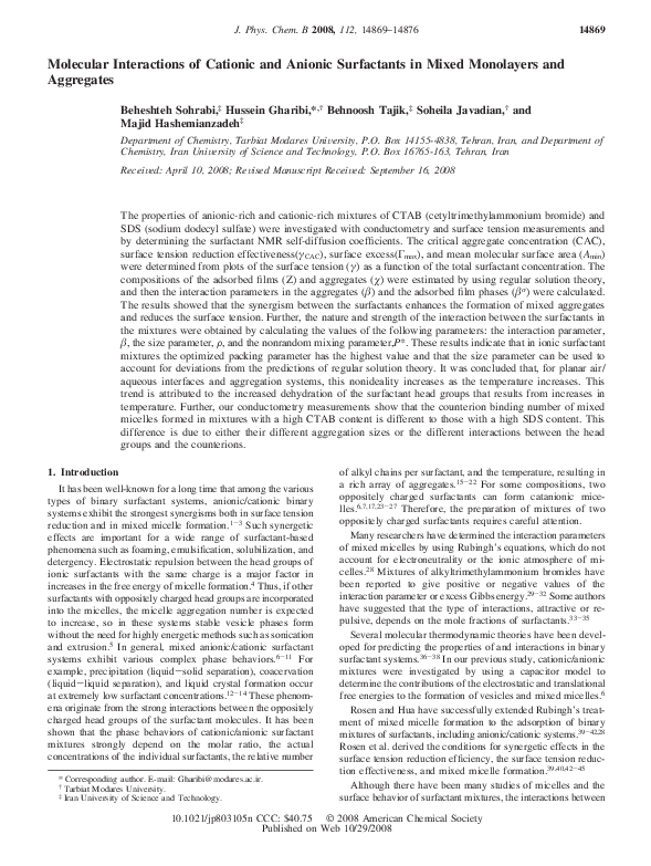 (PDF) Molecular interactions of cationic and anionic surfactants in ...