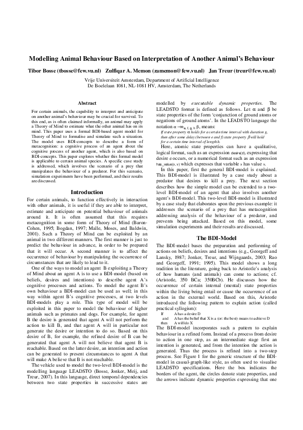 (PDF) Modelling animal behaviour based on interpretation of another