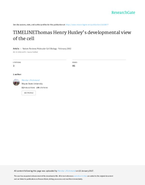 (PDF) Thomas Henry Huxley's Developmental View of the Cell Marsha