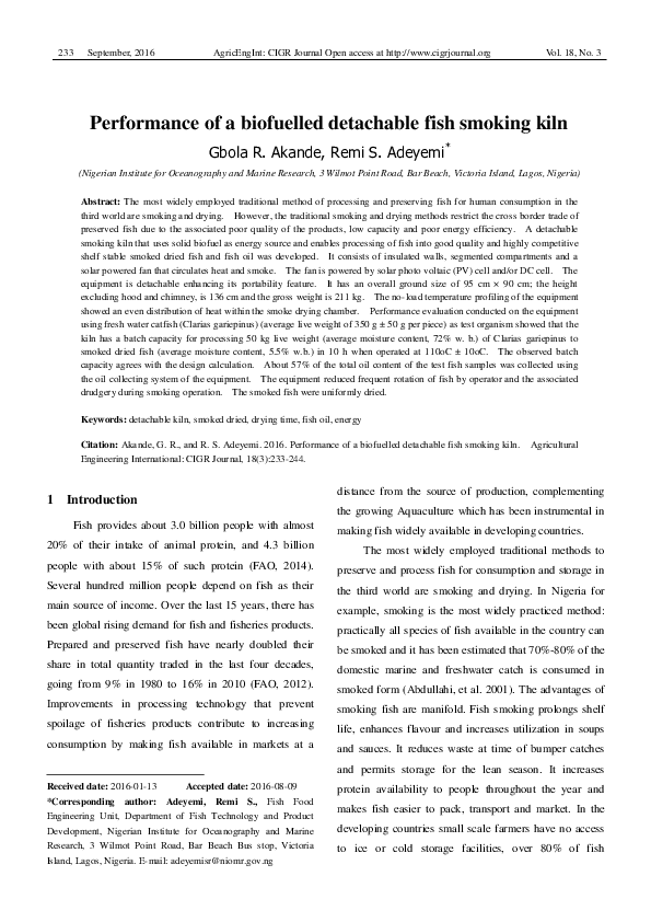 (PDF) Performance of a biofuelled detachable fish smoking kiln Remi S