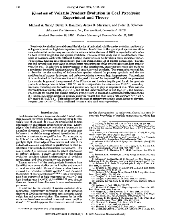 (PDF) of volatile product evolution in coal pyrolysis