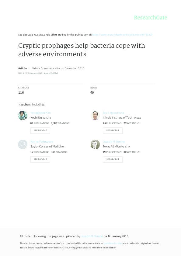 (PDF) Cryptic prophages help bacteria cope with adverse environments