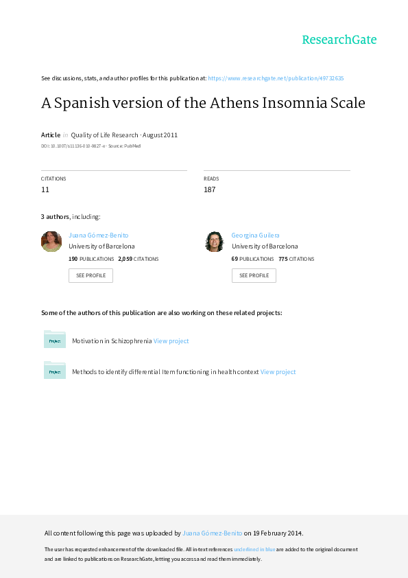 (PDF) A Spanish version of the athens insomnia scale Guilera