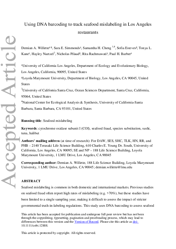 (PDF) Using DNA barcoding to track seafood mislabeling in Los Angeles ...