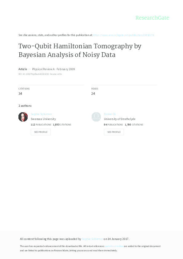 (PDF) Two-qubit Hamiltonian tomography by Bayesian analysis of noisy data