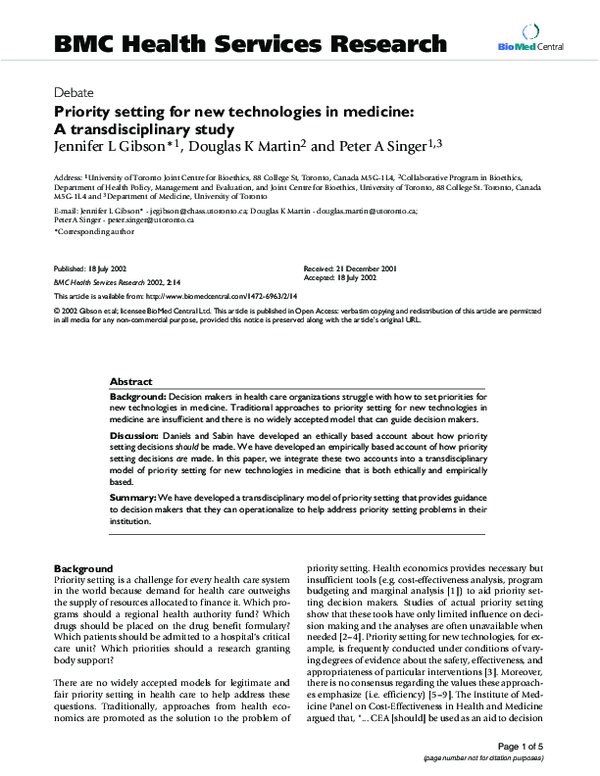 (PDF) Priority setting for new technologies in medicine qualitative