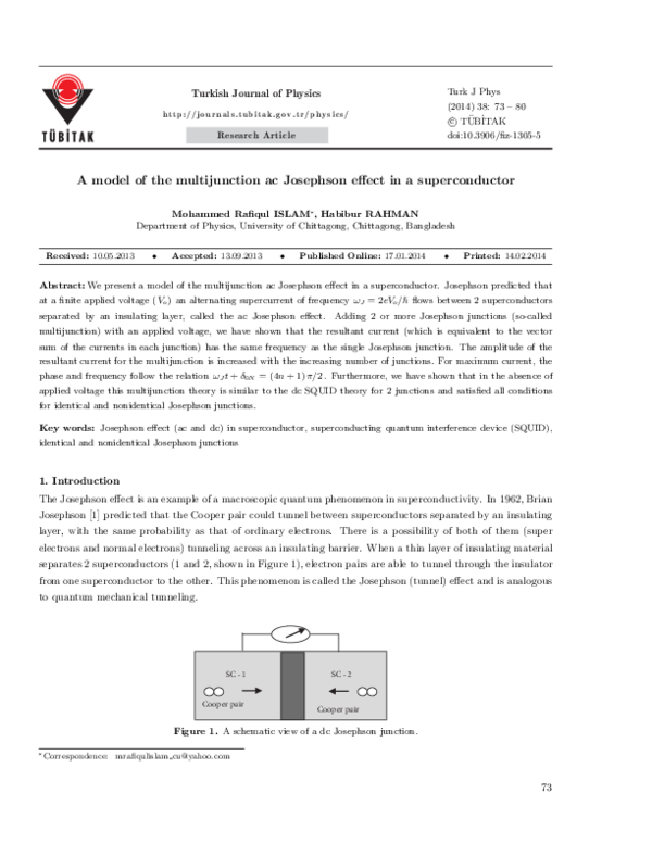 (PDF) A model of the multijunction ac Josephson effect in a superconductor Habibur Rahman