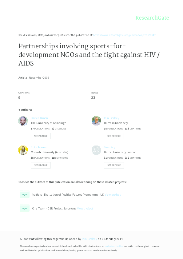 (PDF) Partnerships involving sports-for-development NGOs and the fight ...