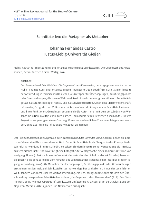 Schnittstellen: die Metapher als Metapher