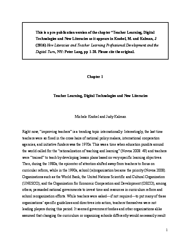 (PDF) Teacher Learning, Digital Technologies and New Literacies
