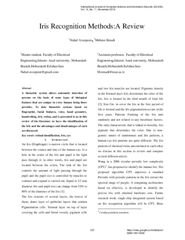 (PDF) Iris Recognition Methods:A Review